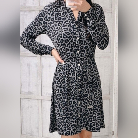 Michael Kors Dresses & Skirts - 169h. Michael Kors Black Gray Animal Print Dress With Attached Belt